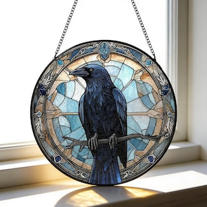 Black Raven Stained Glass Sun Catcher,Gothic Crow Window Hanging,Garden decor,Bird suncatcher,Halloween Gift
