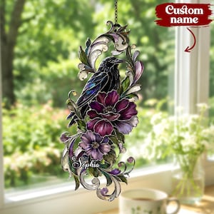 Gothic Raven Floral Resin Suncatcher, Faux Stained Glass Window Hanging, Dark Academia Decor