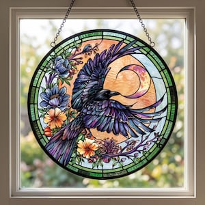 Moonlit Raven Stained Glass Suncatcher, Flying Mystic Bird Window Hanging Decor, Gothic Celestial Moon Ornament,Witchy Nature Lover Gift Her